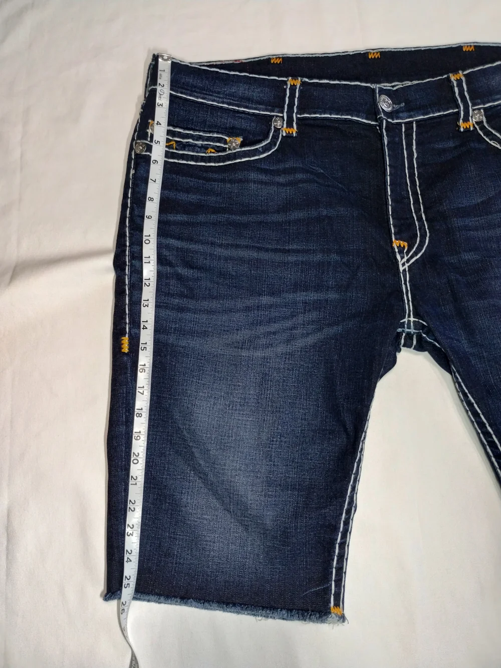 True Religion Dark Blue Denim Cutoff Shorts with Contrast Stitching